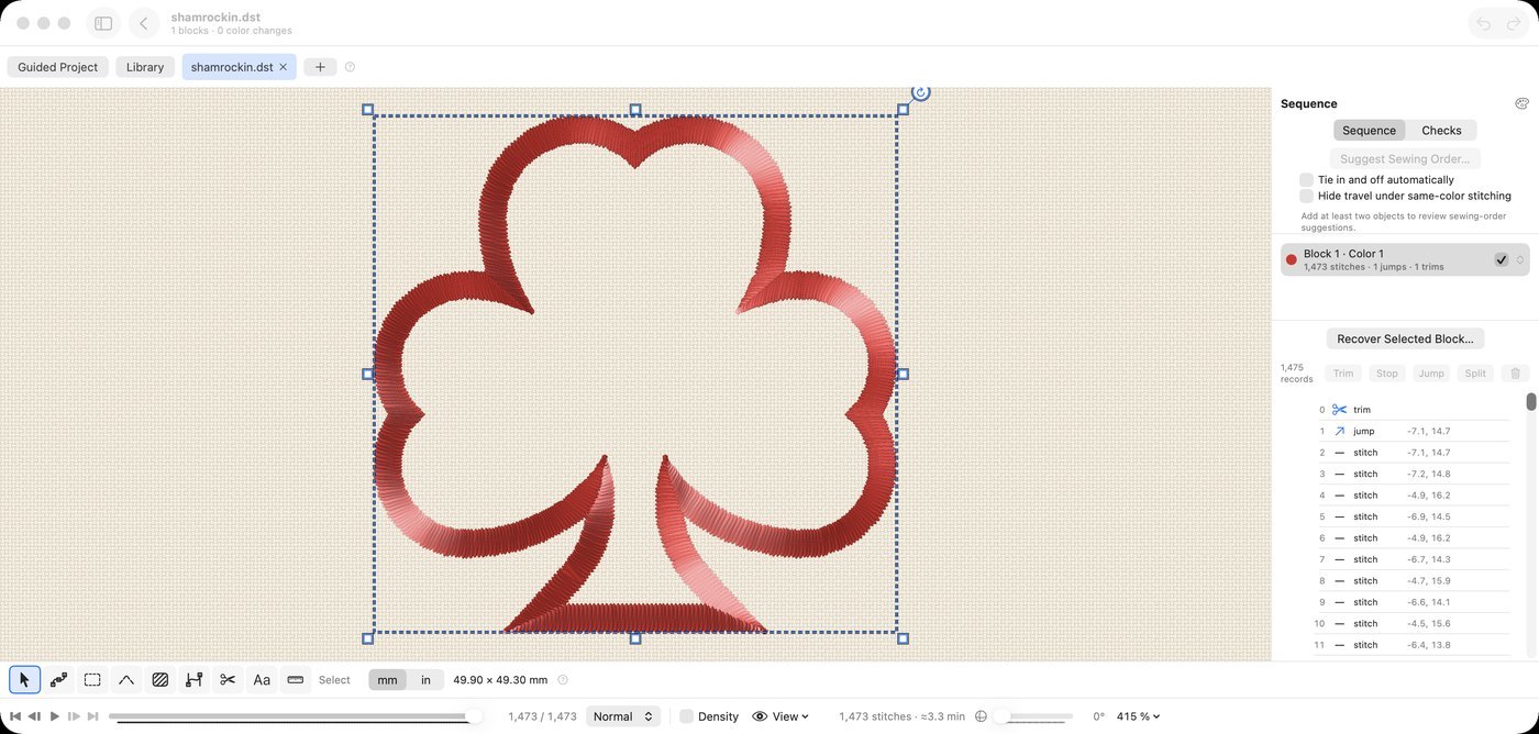 Satinsmith on a Mac, showing an embroidery design with its stitch sequence and inspector