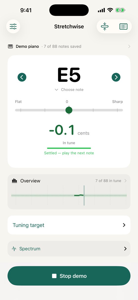 Stretchwise on iPhone, showing the note E5 at minus 0.1 cents, in tune